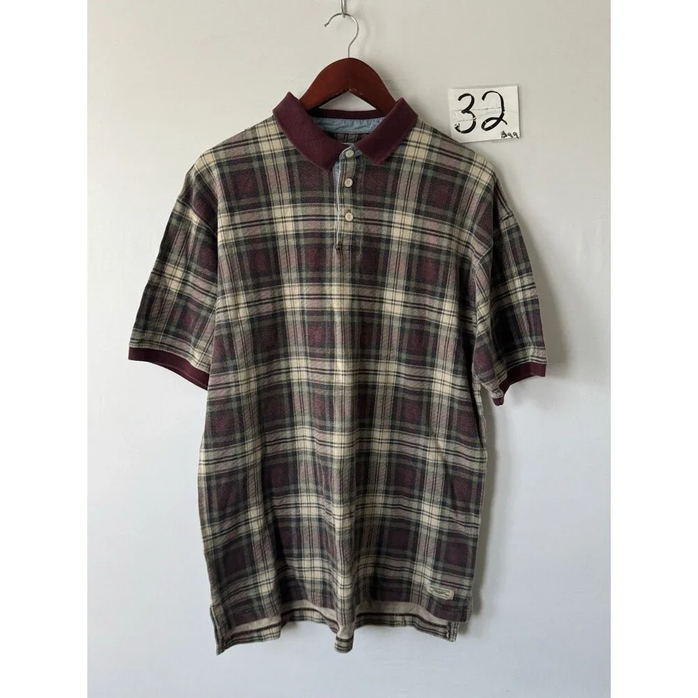 American Eagle Outfitters Plaid Polo Shirt Mens M Burgundy Y2K Preppy Cotton